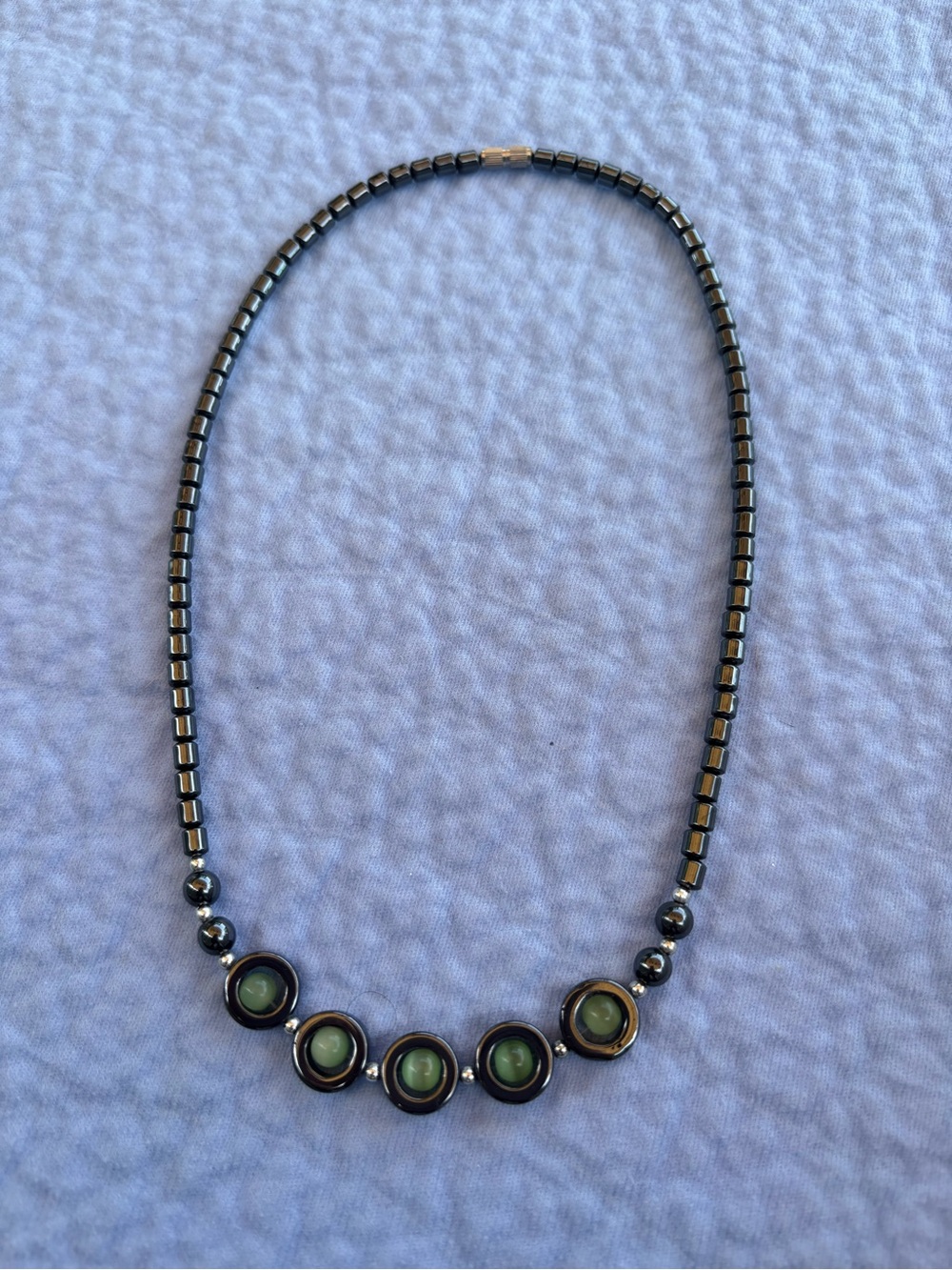 Green Stone Bead Necklace with Metallic Accents